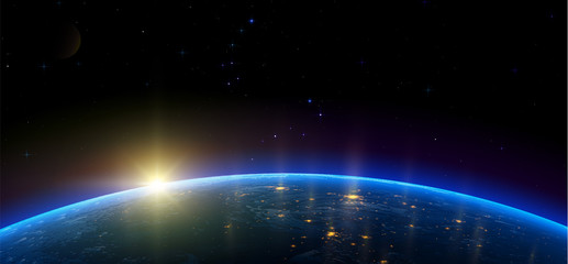 night view of earth from the satellite to the glowing lights of cities on the sunrise from the east.