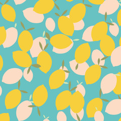 Canvas Print - Blue background with lemons, flat, vector illustration