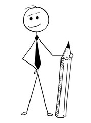 Wall Mural - Cartoon stick man drawing conceptual illustration of businessman standing and posing with pencil.