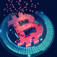 Aufkleber - Bitcoin 3D illustration. Futuristic concept of mining cryptocurrency. Bright pixel symbol on a dark background