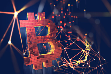 Aufkleber - Bitcoin 3D illustration. Blockchain. Bitcoin symbol consisting of separate flaming blocks is located on the background of a polygonal network Futuristic concept of mining cryptocurrency