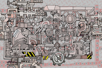 Vector seamless pattern Abstract industry or steampunk background. Technology or factory illustration with decorative machine sketch elements. Hand drawn.