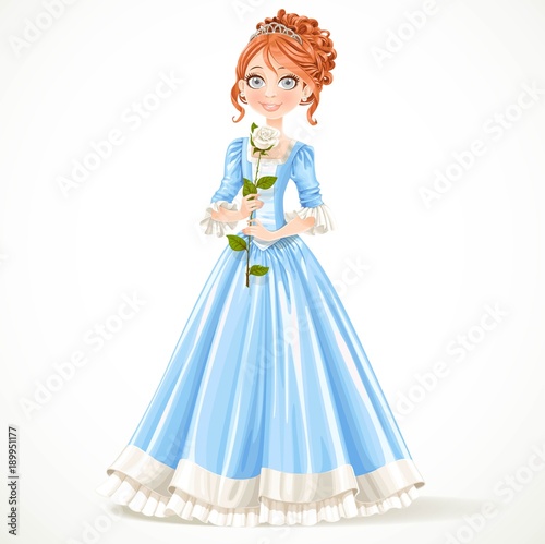 Beautiful young brunette princess in a blue dress holding a white rose isolat...