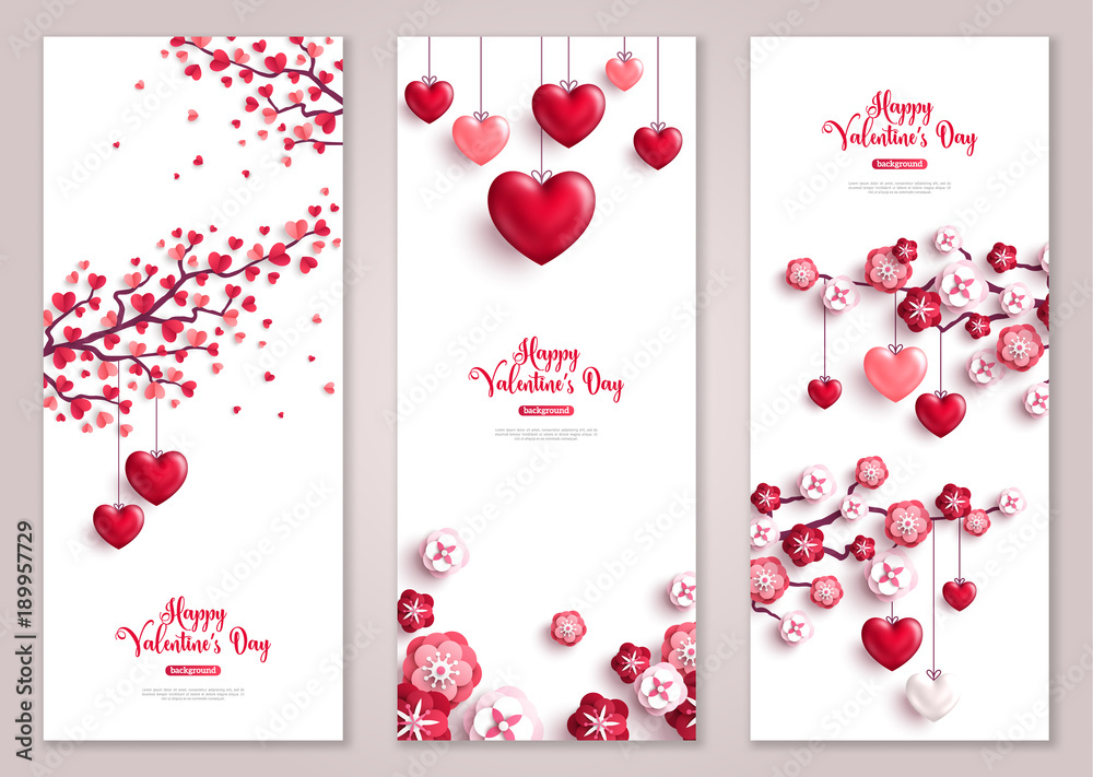 Valentines vertical banners, tree with hearts. - obrazy, fototapety, plakaty 
