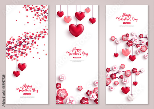Fotografía Valentines vertical banners, tree with hearts.
