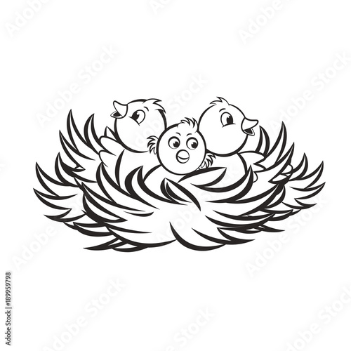 black outline nest with three baby birds vector cartoon Stock Vector