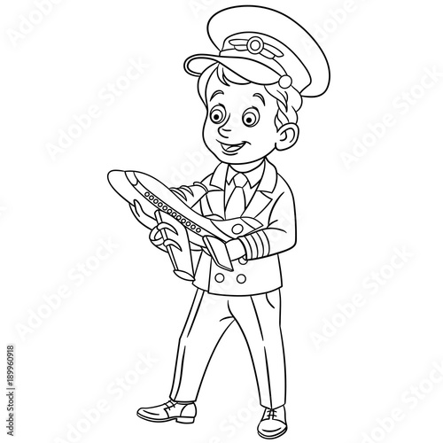 Coloring page. Cartoon Airplane Pilot with toy plane. Design for kids