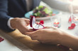 © Viktoriia - Young couple having romantic dinner in the restaurant holding proposal ring close-up