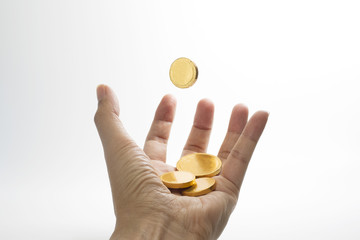 Gold coin drop to hand first person view