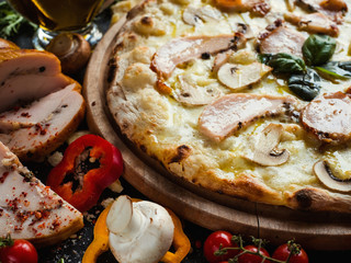 Wall Mural - Chicken breast and mushroom pizza. Healty eating diet dish concept