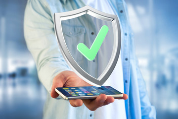Poster - Shield symbol displayed on a futuristic interface - 3d rendering