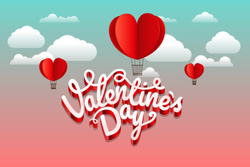 Poster - Abstract paper origami valentines greeting card. Valentines heart ballons and clouds