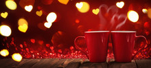 Two Red Cups Of Coffee With Hearts
