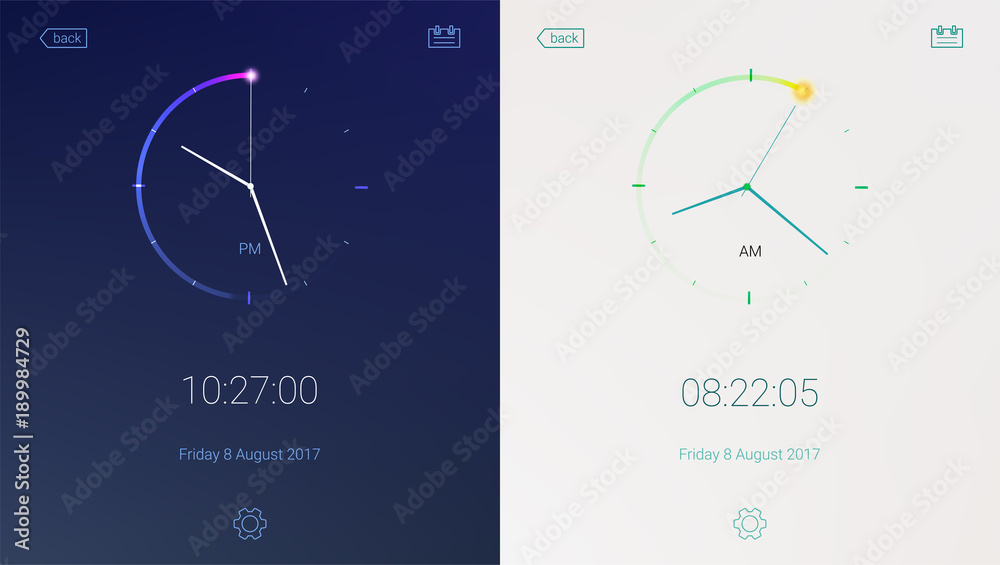 Clock application on light and dark background. Concept of UI design, day and night variants. Digital countdown app, user interface kit, mobile clock interface. UI elements, 3D illustration - obrazy, fototapety, plakaty 