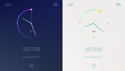 clock application on light and dark background. concept of ui design, day and night variants. digita