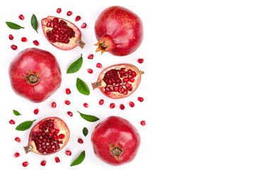 Wall Mural - pomegranate with leaves isolated on white background with copy space for your text. Top view. Flat lay pattern