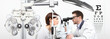 optometrist doing eyesight with woman patient measurement with slit lamp on white background