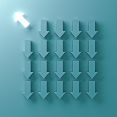 Fototapete - Think different , One light arrow going to the bright side away from down arrow directions on green pastel color background , individuality and different creative idea concepts . 3D rendering.