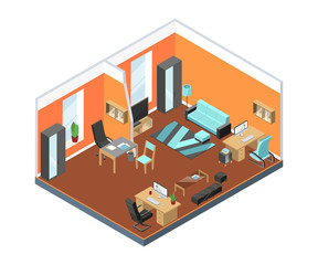 Poster - Modern office interior with comfortable workspaces. Tables, armchairs from leather and other furniture in isometric style