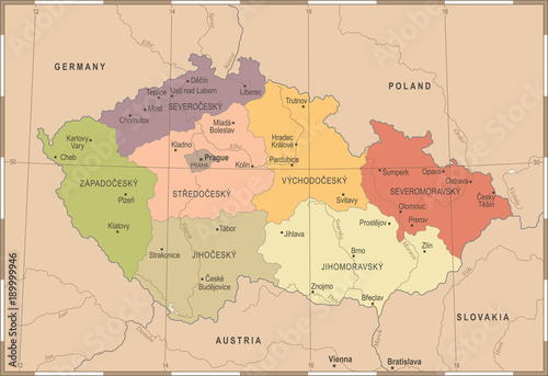 Cuadros en Lienzo Czech Republic Map - Vintage Detailed Vector Illustration