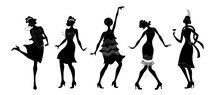 Charleston Party. Gatsby Style Set. Group Of Retro Woman Dancing Black Isolated Silhouette Charleston.Vintage Style. Retro Dancer.1920 Party Vector Background.Swing Dance Girl.