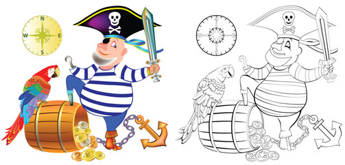 Wall Mural - Colorful and black and white pattern for coloring. Illustration of funny pirate with a parrot. Worksheet for children and adults. Vector image.