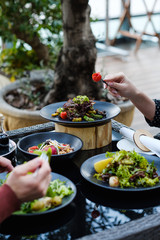 banquet at restaurant Variety of meals prepared for a reception or dinner party. Healthy eating lifestyle