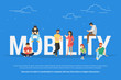 Mobility concept vector illustration of young people using mobile smartphones and apps for mobile services, social networks and ecommerce. Flat design of guys and women standing near big letters