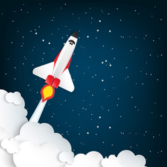 Wall Mural - Paper art of space shuttle launch to the sky. Night sky, shining stars, fluffy clouds. Rocket launch. Start up business concept and exploration idea