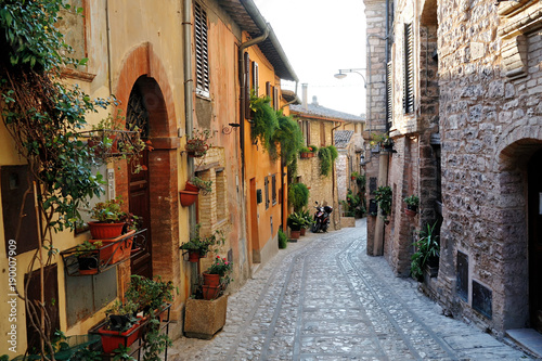 Traditional italian medieval alley in the historic center of beautiful little town of Spello, Perugia , in Umbria region - central Italy © tanialerro