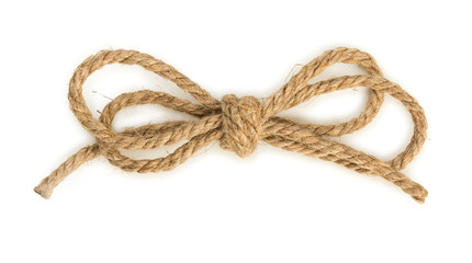 Rough rope bow knot, isolated on white background, close up, top view.