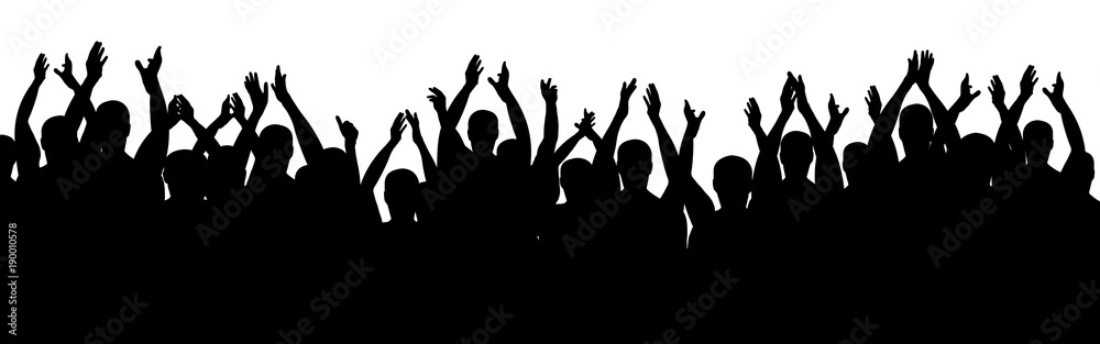 Applause people. Cheerful crowd cheering. Hands up. Silhouette vector - obrazy, fototapety, plakaty 