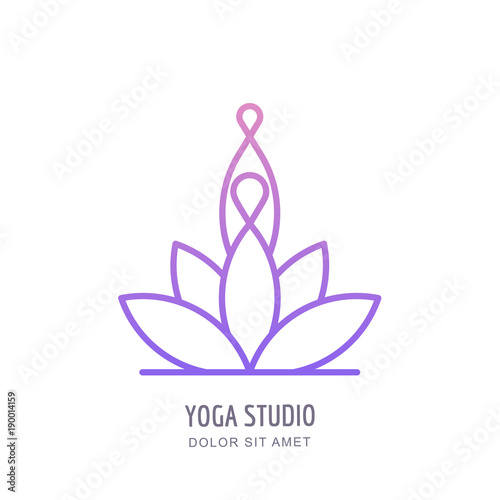 Vector Yoga Studio Or School Outline Logo Emblem Label Design Template Line Human Silhouette In Lotus Position Woman And Lotus Flower Leaves Illustration Buy This Stock Vector And Explore Similar Vectors