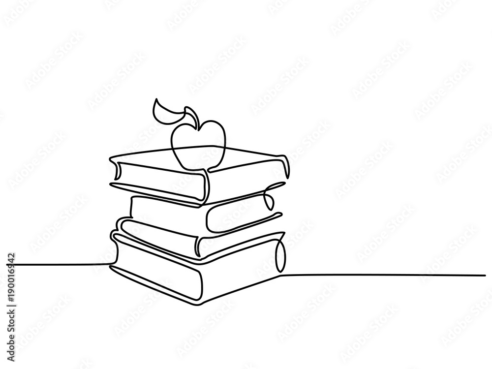 Continuous line drawing. Stack of books with apple. Vector illustration ...