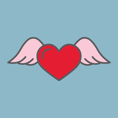 Wall Mural - flying heart with wings color line flat icon on blue background