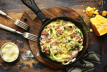 Traditional Italian Dish Spaghetti Carbonara With Bacon In A Cream Sauce.Top View With Copy Space.