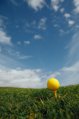 Wall Mural - yellow golf ball on tee, green grass and blue sky background