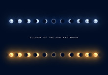 Solar And Lunar Eclipses Full Cycle. Sun And Moon Eclipses.