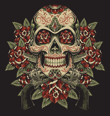 Skull and Roses with Revolvers Tattoo Illustration