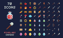 Pixel Art Vector Game Design Icon Video Game Interface Set. Weapons, Food, Items, Potion, Magic.