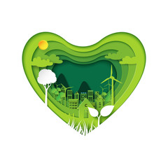 Poster - Green heart with eco city abstract paper art background.Ecology and environment conservation with love nature concept.Vector illustration.
