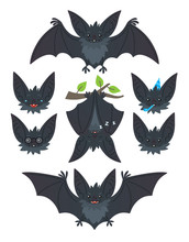 Bat In Various Poses. Flying, Hanging. Grey Bat-eared Snouts With Different Emotions. Illustration Of Modern Flat Animal Emoticons On White Background. Cute Mascot Emoji Set. Halloween Smiley.