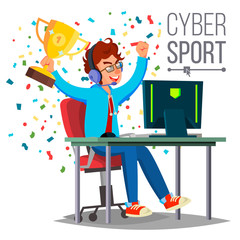 Wall Mural - Cyber Sport Player Vector. Playing Computer Game. Professional Gamer. Event. Competition. Game Strategist. Isolated On White Cartoon Character Illustration