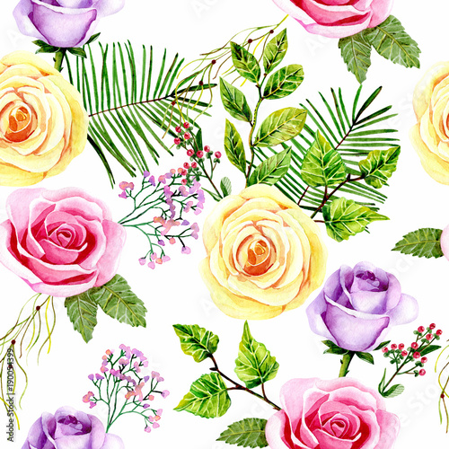 akwarela-powielany-wzor-na-bialym-tle-roze-zolte-rozowe-i-fioletowe-zielone-rosliny