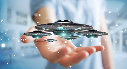 Poster - Businessman with retro UFO spaceship 3D rendering