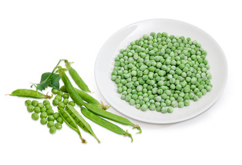 Wall Mural - Frozen green peas on dish and fresh green peas