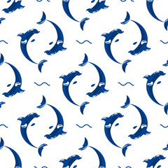 Wall Mural - Cute dolphins aquatic marine nature ocean seamless pattern mammal sea water wildlife animal vector illustration.