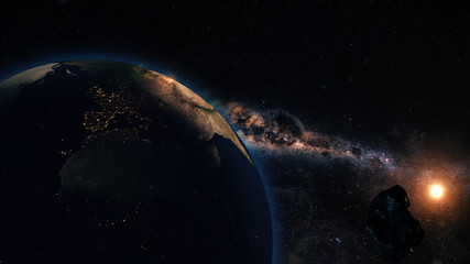 Wall Mural - Computer generated image of an asteroid coming close to planet Earth. Conceptual image