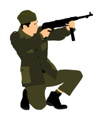 Red army soldier vector. American soldier with rifle. Partisan against Nazi Germany in WW2. Fierce struggle in occupied Europe. Soviet troops against aggressors in battle.