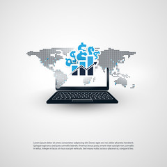 Poster - worldwide business and financial connections - concept design with world map, laptop and bar chart, 